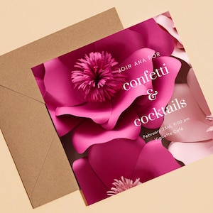 Invitation anniversaire adulte, canva modifiable, printable, Carré 14×14 cm, carte anniversaire, faire part anniversaire, flowers card