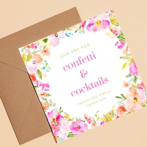 Invitation anniversaire adulte, canva modifiable, printable, Carré 14×14 cm, carte anniversaire, faire part anniversaire, flowers card