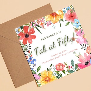 Invitation anniversaire adulte, canva modifiable, printable, Carré 14×14 cm, carte anniversaire, faire part anniversaire, flowers card