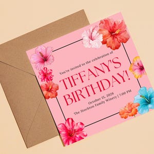 Invitation anniversaire adulte, canva modifiable, printable, Carré 14×14 cm, carte anniversaire, faire part anniversaire, flowers card