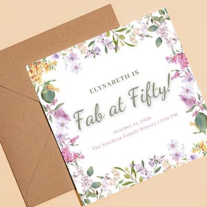 Invitation anniversaire adulte, canva modifiable, printable, Carré 14×14 cm, carte anniversaire, faire part anniversaire, flowers card