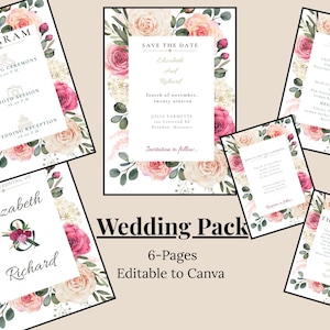 Pack Mariage Floral, Bohème, personnalisable, imprimable, invitation de mariage, menu de mariage, invitation à fleurs, programme mariage