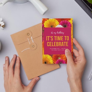 Invitation anniversaire adulte, canva modifiable, printable A6, carte anniversaire, faire part anniversaire, flowers card