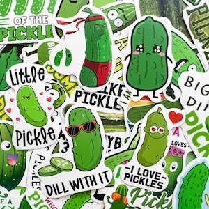 50 pegatinas de pepinillos al azar, pegatinas de comida divertida, pegatinas con frases divertidas, pegatinas impermeables para diario, álbumes de recortes y manualidades.