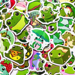50 Random Cute Green Frog Stickers, Adorable Frog Sticker for Kids, Kawaii Waterproof Stickers Pack for Luggage, Journal, and Water Bottle