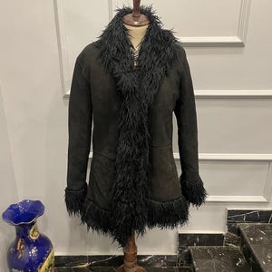 90s Vintage Black Afghan Coat: Faux Fur Trim Suede Jacket