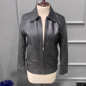 Women 90s Vintage Leather Jacket Black | Real Soft Genuine Sheepskin Leather