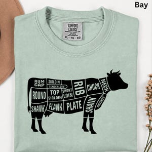 May include: A light sage green t-shirt featuring a black graphic of a cow divided into labeled meat cuts including rib, chuck, round, and shank. The interior neck label reads Comfort Colors, 100% cotton, made in Honduras, size XL, TG, EG.