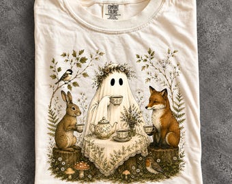 Ghost Tea Party Shirt, Woodland Animals, Cottagecore Ghost Tee, Autumn Nature