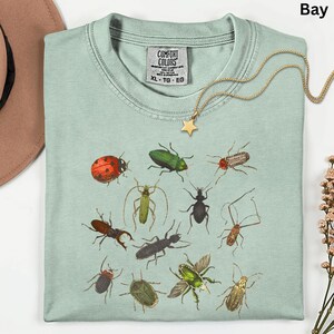 Könnte beinhalten: Hellgrünes Comfort Colors XL T-Shirt mit bunten Insektenillustrationen. Eine goldene Sternanhänger-Halskette liegt auf dem Shirt. Das Shirt hat einen Rundhalsausschnitt und kurze Ärmel. Größe XL.