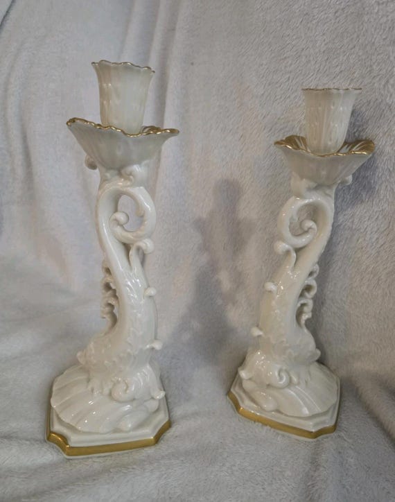 Pair Of Vintage Lenox Dolphin Koi Aquarius Candle Holders 24 K Gold Trim