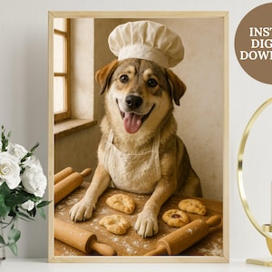 Könnte beinhalten: Gerahmter Druck mit einem lächelnden Hund, der eine Kochmütze und Schürze trägt und vor einem Holztisch mit Backwaren und Nudelrollen posiert. Das Bild hat eine warme Farbpalette und enthält den Text "INSTANT DIGITAL DOWNLOAD".