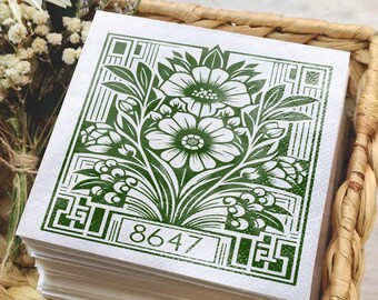 Personalized Floral Zip Code Napkins, Custom Postal Code Cocktail Napkins, Art Deco Wedding Guest Towels, Garden Party Favor