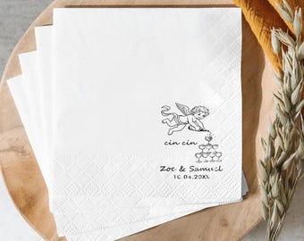 Personalized Cherub Wedding Napkins, Custom Cin Cin Guest Towels, Romantic Cocktail Beverage Napkins, Italian Wedding Favor