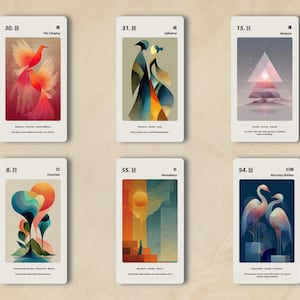 May include: A collection of six tarot cards with abstract watercolor illustrations. Each card features a unique design, including birds, geometric shapes, and figures. The cards have white borders and include text at the top and bottom.