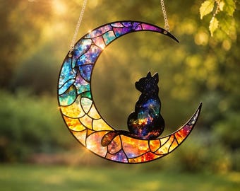 Cat Crescent Moon Acrylic Suncatcher, Celestial Home Decor, Galaxy inspired, Cat Lover Best Friend Gift