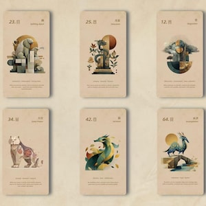 May include: Six tarot cards with illustrations of animals and abstract shapes in a watercolor style. Each card features a unique design, with a neutral background and text at the top and bottom. The cards are arranged in two rows of three.