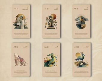 Puede incluir: Seis cartas de tarot con ilustraciones de animales y formas abstractas en estilo acuarela. Cada carta presenta un diseño único, con un fondo neutro y texto en la parte superior e inferior. Las cartas están dispuestas en dos filas de tres.