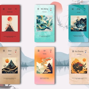 Könnte beinhalten: Sechs farbenfrohe Orakelkarten mit asiatisch inspirierten Kunstwerken. Jede Karte zeigt eine einzigartige Illustration und Text, darunter ein Berg, eine Sonne und abstrakte Designs. Die Karten sind vor dem Hintergrund von Bergen und einer untergehenden Sonne angeordnet.