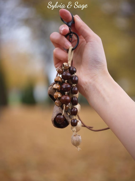 Chestnut Wood Bead Keychain, Natural Forest Charm, Cottagecore Bag Accessory, Woodland Gift for Her