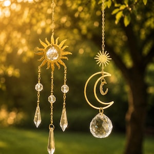 Gouden zon- en maankristallen raamhanger, hemels prisma regenboogmaker, boho raamdecoratie
