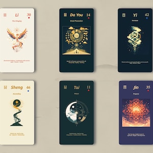 May include: Six tarot cards with illustrations and text. The cards feature images of a phoenix, a sun, a yin-yang symbol, and geometric designs. Each card has a number and a title.