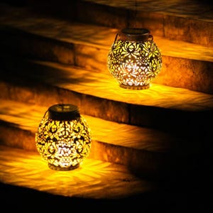 Set of 2 Bronze Solar Lanterns – Sun, Moon & Star Hanging Lights for Outdoor Garden and Patio Decoration