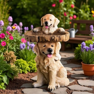 May include: A whimsical garden statue featuring two golden retriever dogs. One dog supports a wooden-look bowl, while the other peeks over the top. The statue is set in a garden with colorful flowers and greenery.