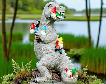 Dinosaur Eating Gnomes Statue - Funny Garden Decor T-rex Lawn Art