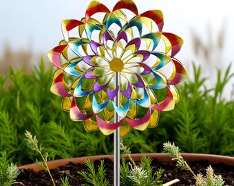 Kinetic Metal Wind Spinner: Colorful Garden Windmill Sculpture