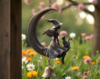 Amuleto de campana lunar de bruja hechizante y gato negro: decoración colgante mística