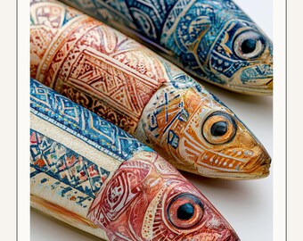 Estampado de peces de arte popular • Arte mural de cerámica estilo boho • Decoración de cocina y costera • Descarga digital imprimible