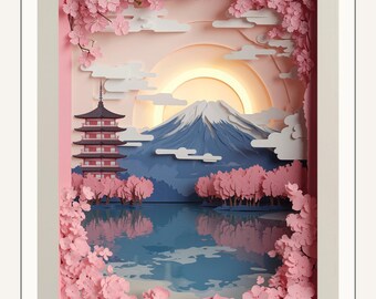 Lámina decorativa de Japón para pared • Póster recortado en papel del Monte Fuji • Decoración de flores de cerezo • Descarga digital