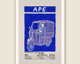 Póster Retro Ape • Ilustración lineal de furgoneta de carga italiana • Arte mural de vehículos vintage • Descarga digital