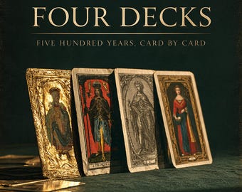 Libro imprimible en PDF sobre la historia del Tarot, 12 cartas en cuatro mazos (1450-1909), páginas de un grimorio de brujería, almanaque ocultista ilustrado.