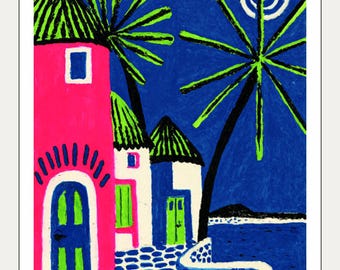 Lámina de Noche de Mykonos • Arte popular mediterráneo • Decoración de pared colorida con temática de pueblo • Descarga digital