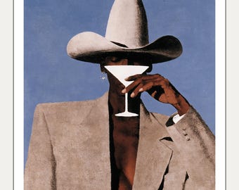 Lámina con estampado de mujer con sombrero de vaquero • Arte mural figurativo llamativo • Decoración western chic • Descarga digital imprimible