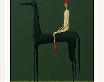 Lámina surrealista de jinete • Decoración de pared de arte folclórico oscuro • Arte ecuestre caprichoso • Descarga digital