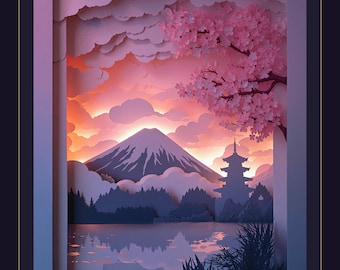 Grabado japonés en papel recortado • Monte Fuji, cerezos en flor, pagoda (descarga digital)