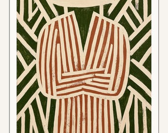 Lámina de arte popular abstracto • Figura en terracota, verde y crema (descarga digital)