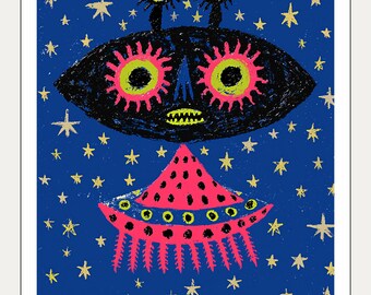 Lámina artística psicodélica con temática de ovnis • Decoración de pared con arte folclórico alienígena • Póster espacial cósmico • Descarga digital