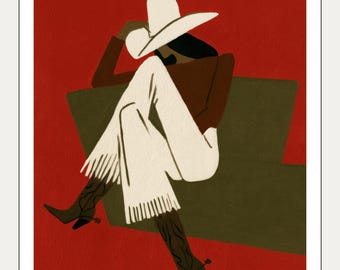 Lámina decorativa de vaquera para pared • Ilustración retro del Oeste • Decoración moderna para mujer • Descarga digital • Regalo para ella