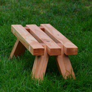 Peut inclure: Un petit banc de pique-nique en bois avec une finition naturelle. Le banc a trois planches horizontales pour l'assise et des pieds inclinés. Il est posé sur un lit d'herbe verte. Le banc mesure environ 30 cm de long.