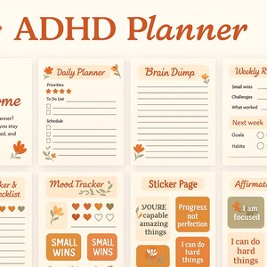 Op de afbeelding: Een ADHD-planner met een crèmekleurige achtergrond en oranje bloemaccenten. De planner bevat secties voor dagelijkse planning, brain dumps, wekelijkse reflecties, stemmingsregistratie en affirmatiekaarten. Tekst bevat "Welkom", "Dagelijkse planner" en "Stickerpagina".