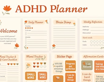 ADHD Planner Printable PDF – Daily, Weekly, Mood Tracker, Brain Dump, Self-Care – Digital Download for Women with ADHD