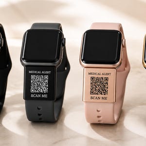 May include: Four smartwatches with silicone bands in black, dark gray, light pink, and navy blue. Each watch features a rectangular metal medical alert tag attached to the band, engraved with the text MEDICAL ALERT, a QR code, and SCAN ME.