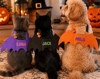 Personalized Pet Halloween Gift, Custom Name Bat Wings Costume, Unique Cat Dog Costume, Halloween Photo Prop