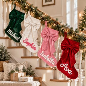 Personalized Velvet Christmas Stocking, Custom Name, Oversized Bow, Holiday Mantel Decor