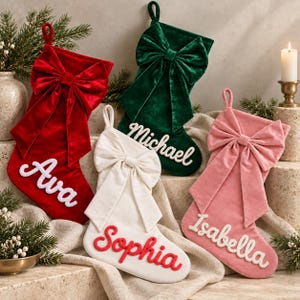 Velvet Christmas Stocking with Name, Large Bow, Family Holiday Home Decor