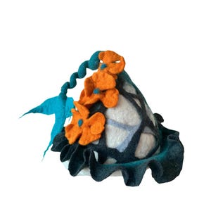 100% Natural Handmade Wool Sauna Hat – Fairy Forest Style – Orange Flower Design – Eco Sauna Gift – One of a Kind